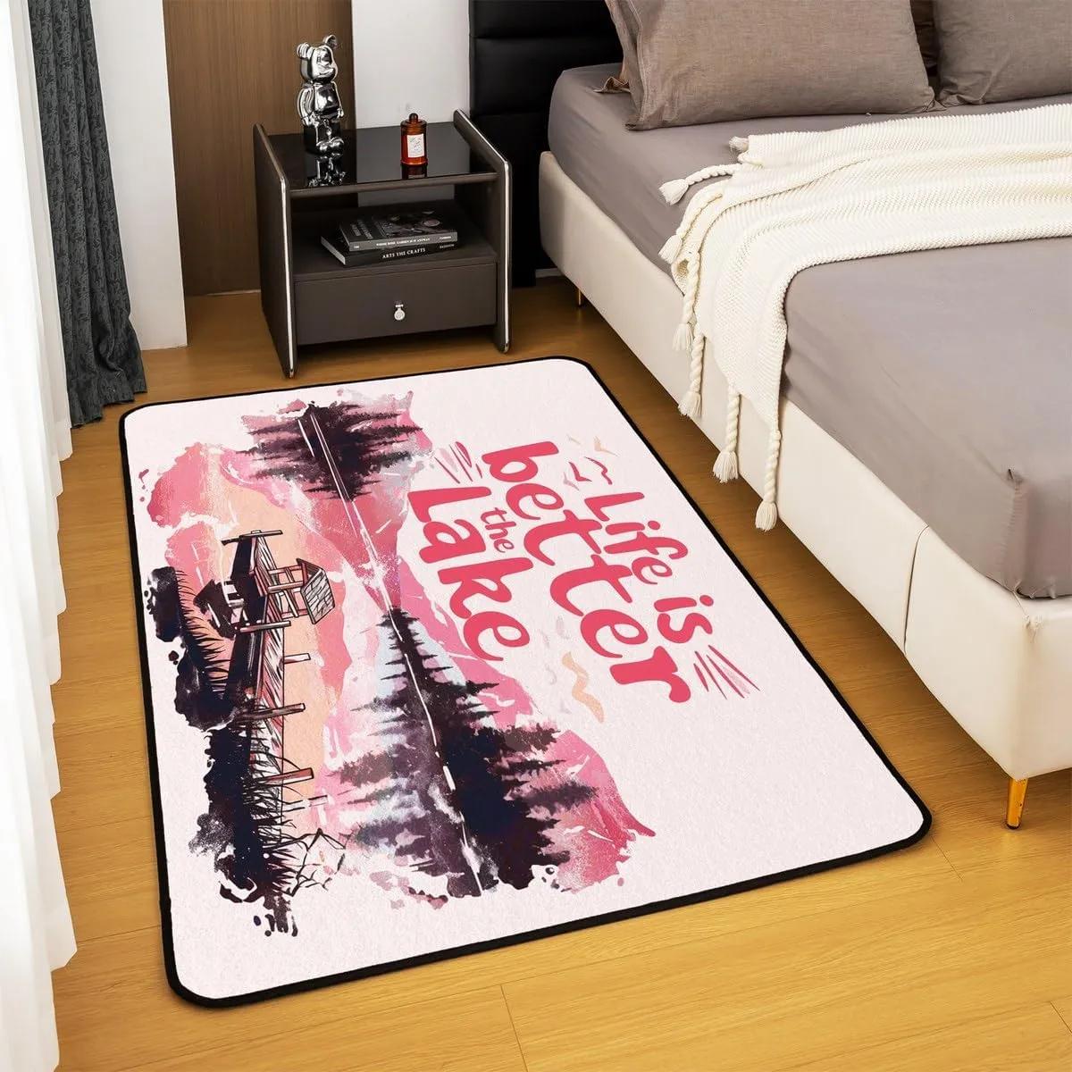 jejeloiu Pink Lake Area Rug 3x5 Kids Lakeside Fishing Living Room Rugs for Bedroom for Boys Girls Teens Cabin Mountain Decorative Carpet Non-Slip Tree Indoor Floor Mat
