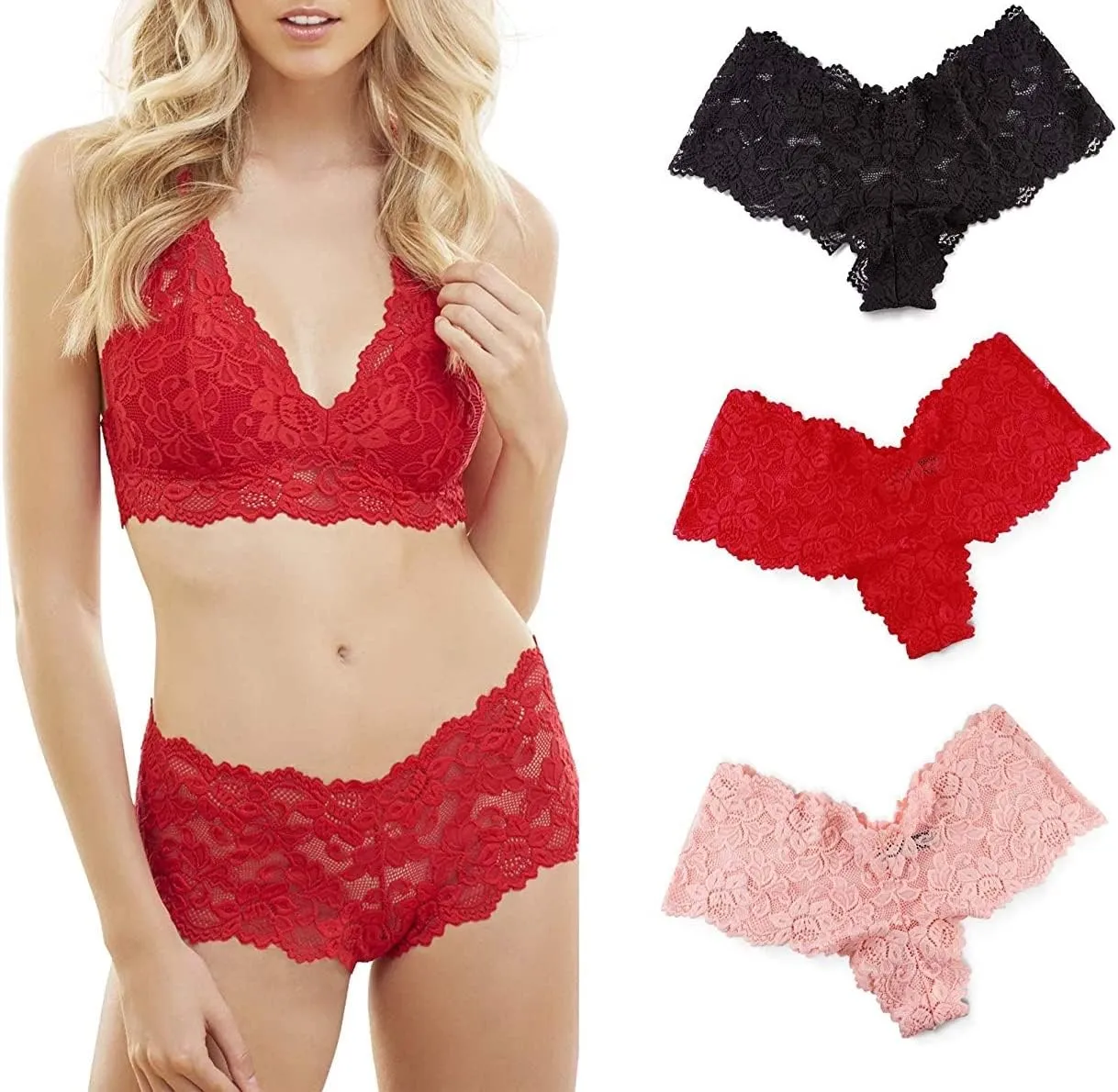JENNY JEN Zoe 3-Pack Lace Hipster Underwear for Women, Cheeky Stretch Bikini Panties Set