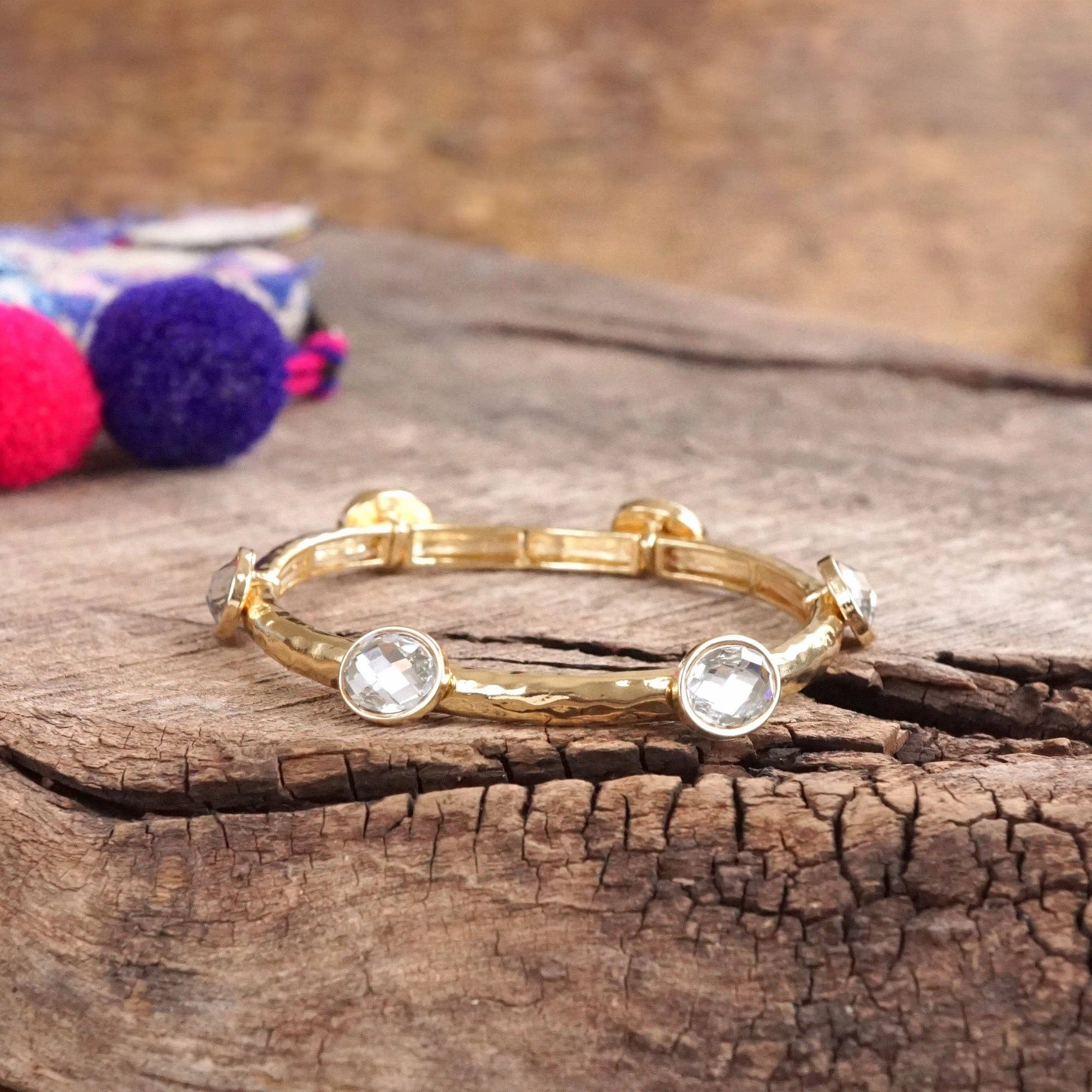 Jeweled Golden Bangle with Faceted Glass Oval Colorful Jewels
