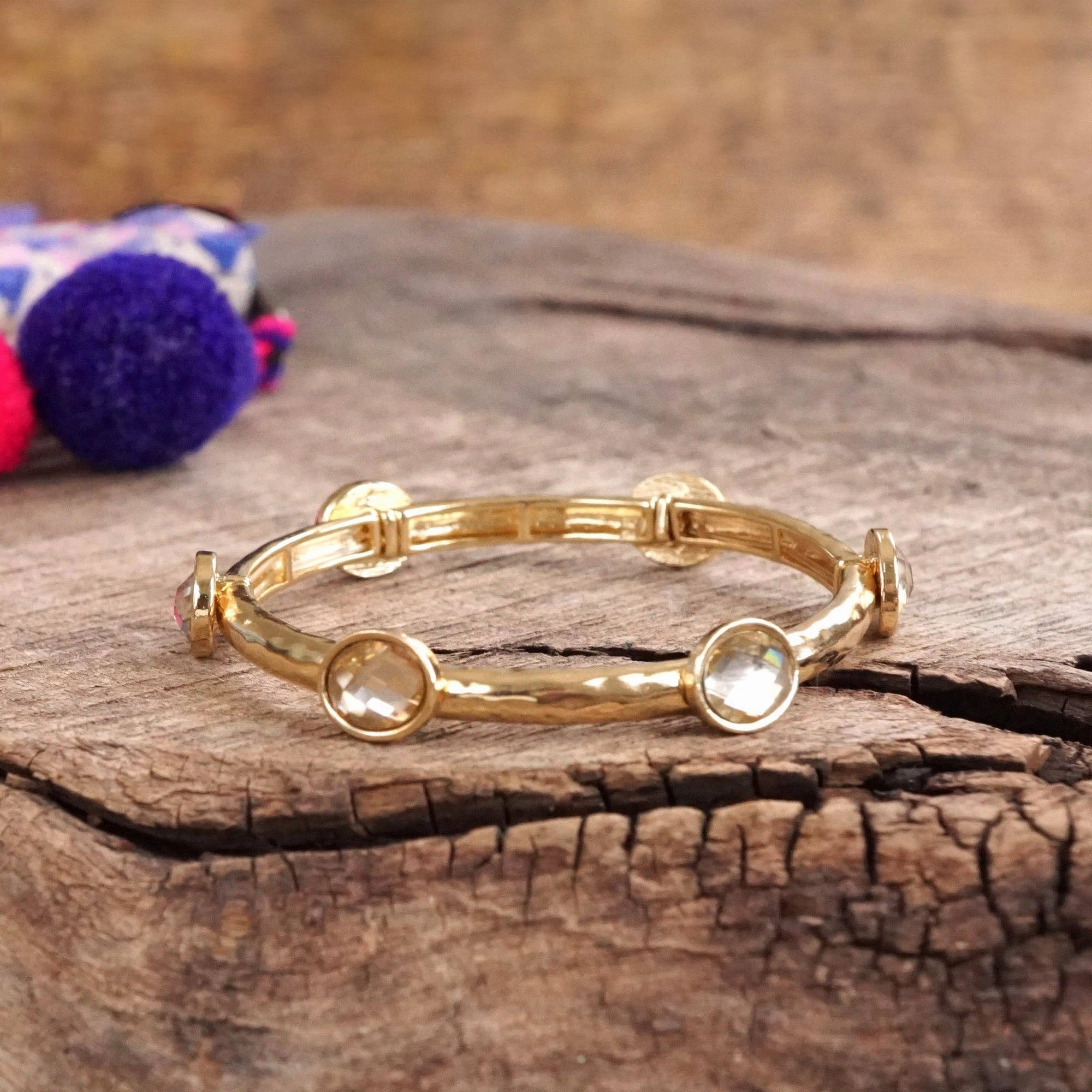 Jeweled Golden Bangle with Faceted Glass Oval Colorful Jewels