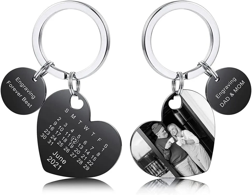 JewelOra Custom Calendar Photo Keychain Personalized Keychain with Picture Engraved Text Keyring for Men Women(Black)