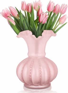 Joeyan Handmade Pink Glass Flower Vase,7.9" Vintage Decorative Urn Vase for Centrepieces Bouquet Wedding,Colored Thickened Pedestal Vase Decorations for Rustic Home Living Room Office Farmhouse