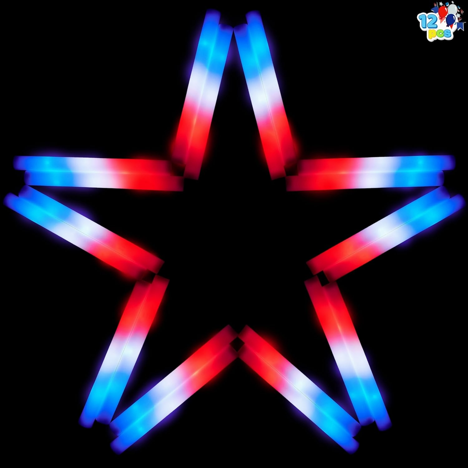 JOYIN 12 Pcs July 4th Foam Glow Sticks, 16" Red White Blue Patriotic LED Sticks with 3 Lightup Modes, Glow in the Dark Party Favor Supply for Independence Day Parade Carnival Festive Celebration