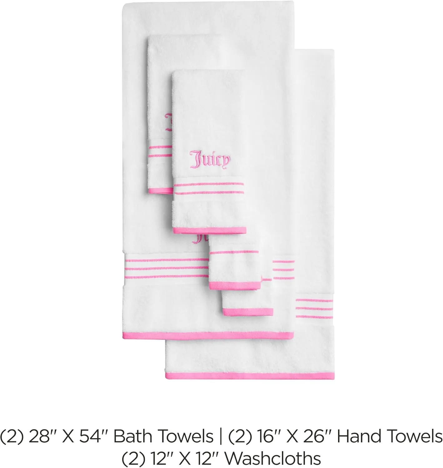 Juicy Couture White/Hot Pink Neon Border Bath Towels 6-Piece 100% Cotton Bath Towel Set