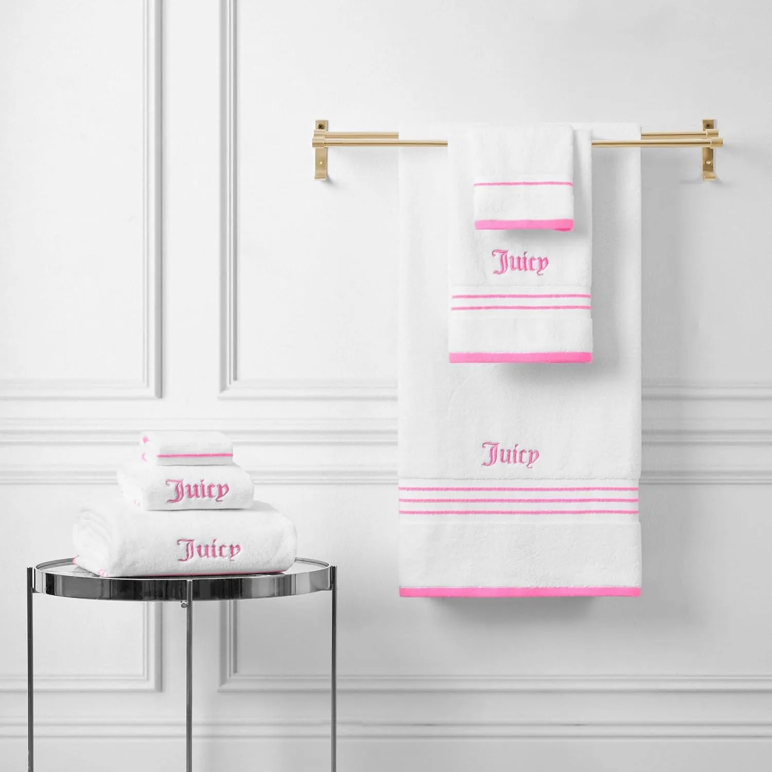 Juicy Couture White/Hot Pink Neon Border Bath Towels 6-Piece 100% Cotton Bath Towel Set