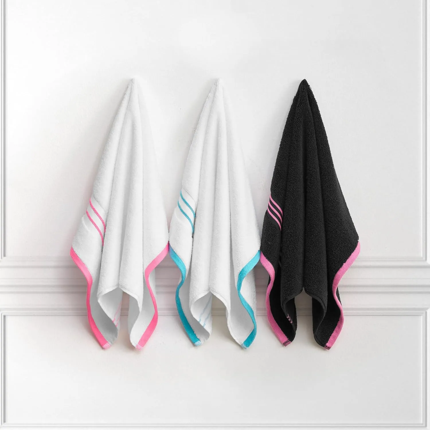 Juicy Couture White/Hot Pink Neon Border Bath Towels 6-Piece 100% Cotton Bath Towel Set