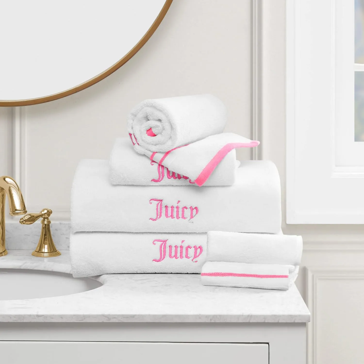 Juicy Couture White/Hot Pink Neon Border Bath Towels 6-Piece 100% Cotton Bath Towel Set
