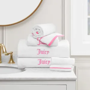 Juicy Couture White/Hot Pink Neon Border Bath Towels 6-Piece 100% Cotton Bath Towel Set