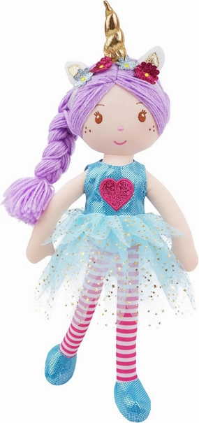 June Garden 16" Unicorn Doll Myra - Purple Hair Plush Rag Doll for Toddler Girls - Soft Companion Gift for 2  Years - Blue Dress