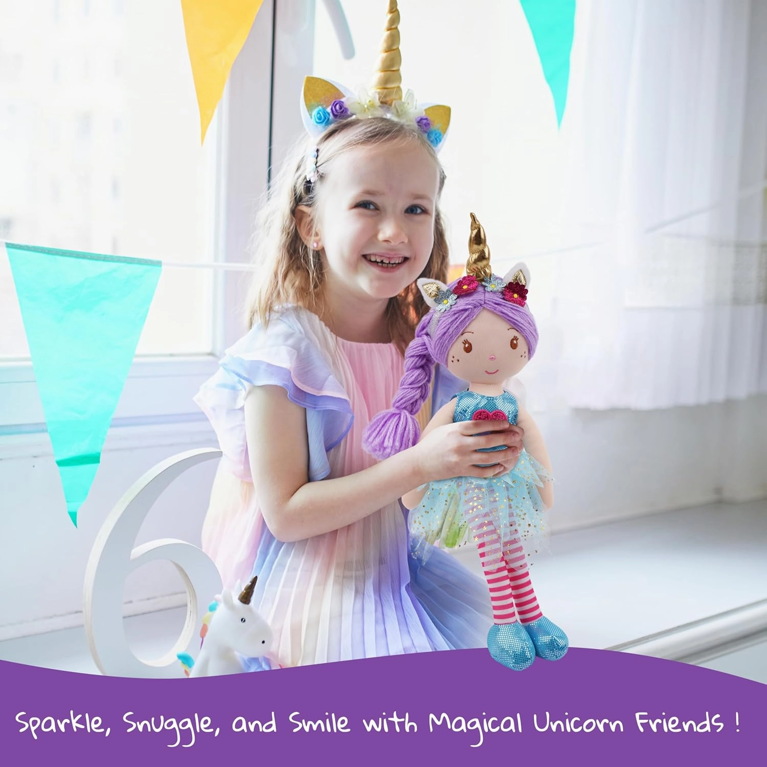 June Garden 16" Unicorn Doll Myra - Purple Hair Plush Rag Doll for Toddler Girls - Soft Companion Gift for 2  Years - Blue Dress