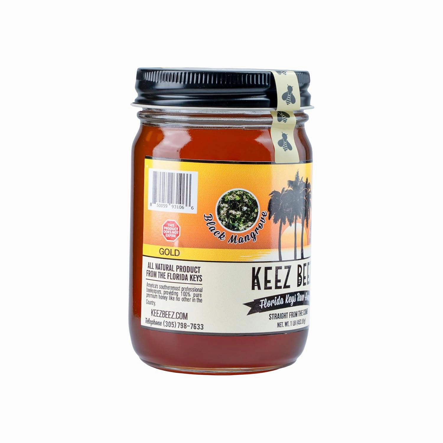 KEEZ BEEZ 100% Natural Raw Gold Honey – Black Mangrove 16 fl oz (1 lb) in Glass Jar – Organic, Non-GMO, Kosher Certified, Premium Strong Flavor, Packed with Vitamins and Minerals
