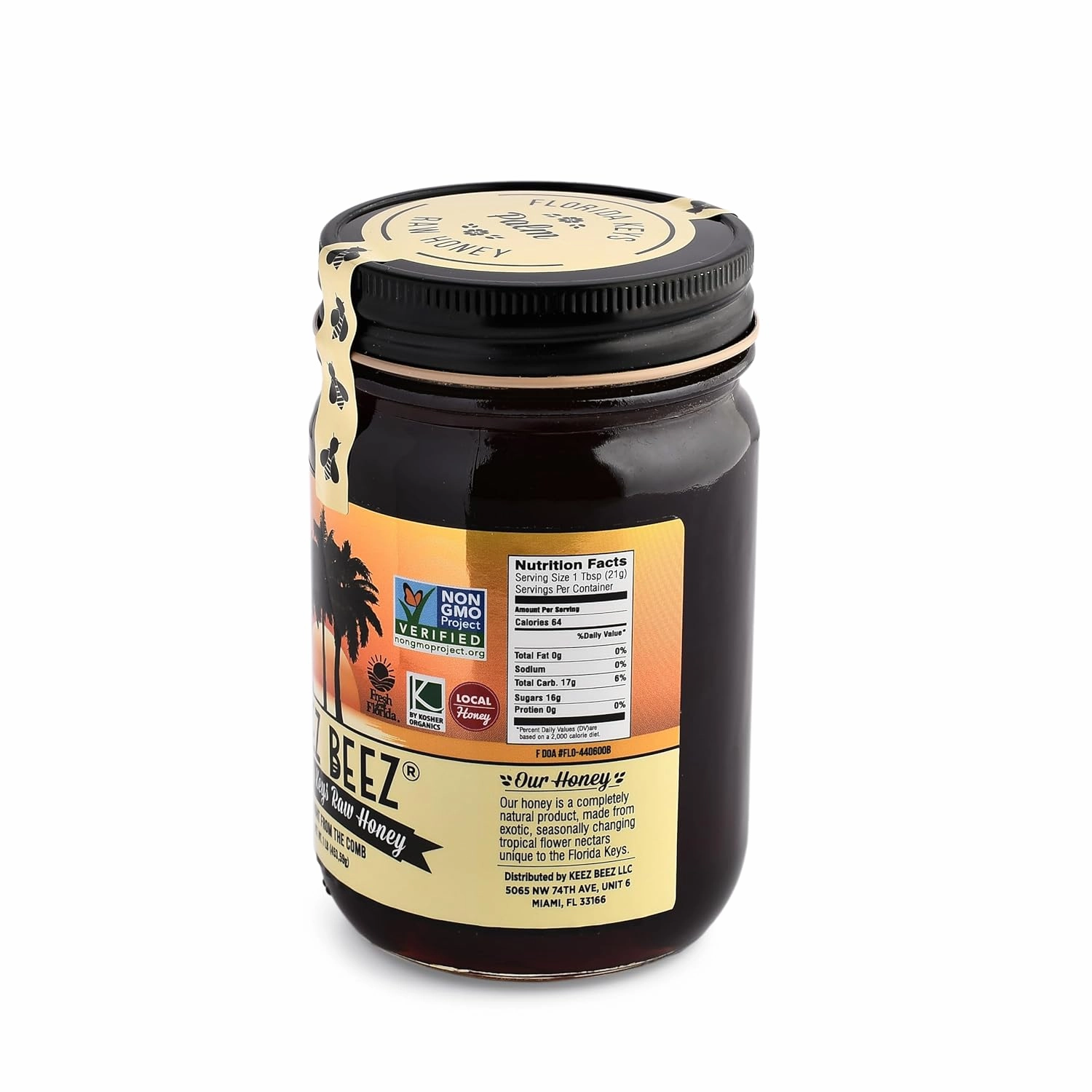 KEEZ BEEZ 100% Natural Raw Gold Honey – Palm (Coconut, Royal, Queen, and Sabal) 16 fl oz (1 lb) in Glass Jar – Organic, Non-GMO, Kosher Certified, Tropical Nectar from Florida Keys Palms, Rich and Smooth Flavor, Perfect for Everyday Use