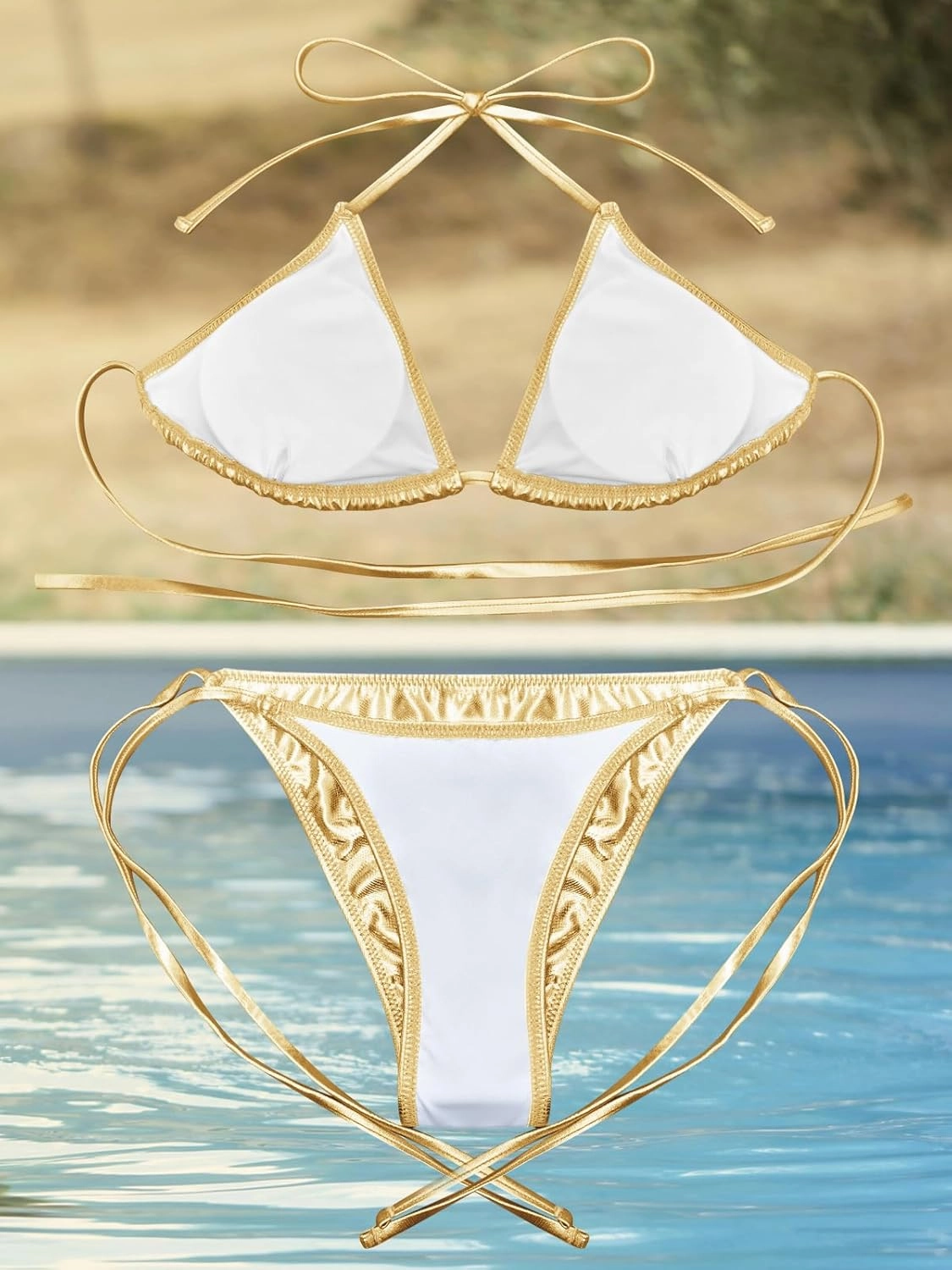Kepblom Metallic Bikini Two Piece Swimsuit Triangle Halter Top Tie Side String Bikini Set for Women
