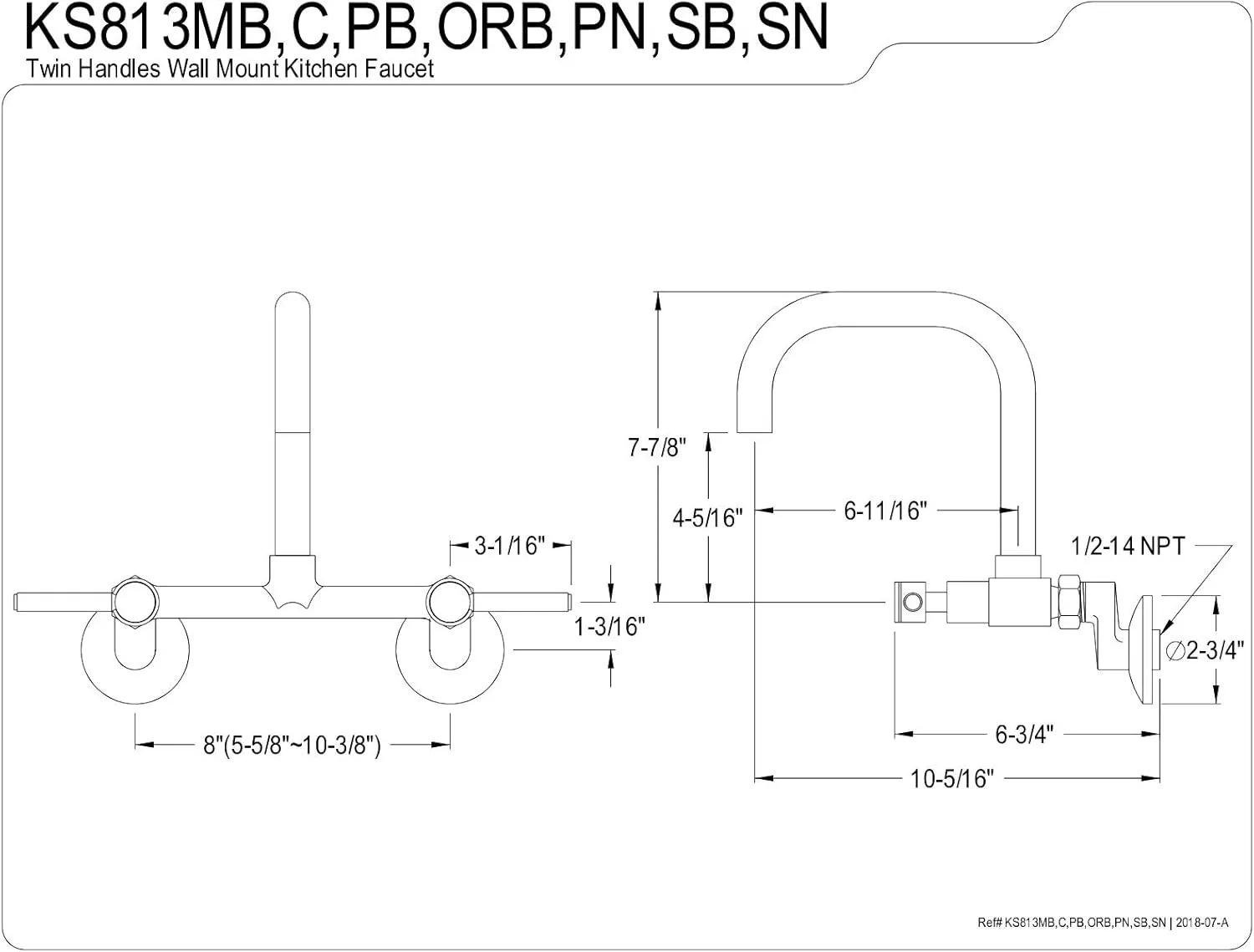 Kingston Brass KS813MB Concord Kitchen Faucet, 6-11/16" in Spout Reach, Matte Black