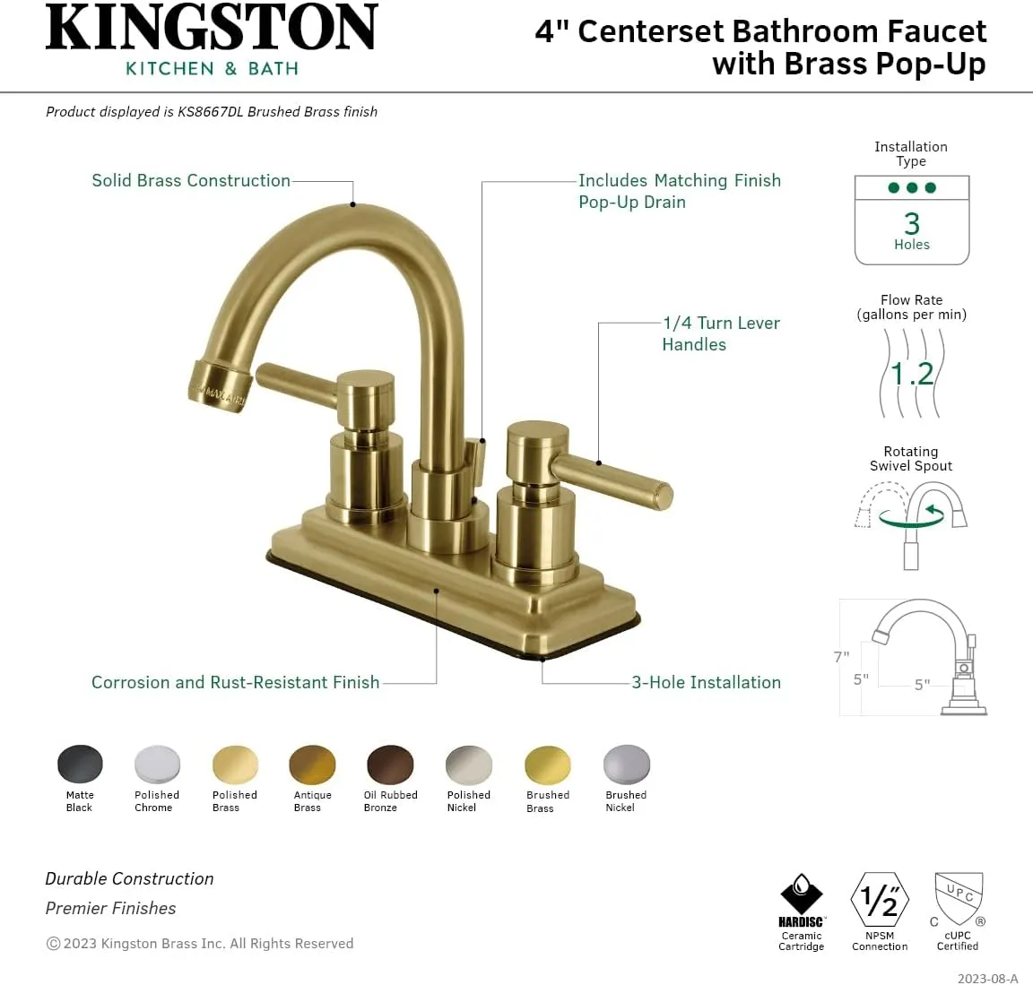 Kingston Brass KS8660DL Concord 4-Inch Centerset Bathroom Faucet with Brass Pop-Up, 5-1/4 Inch in Spout Reach, Matte Black
