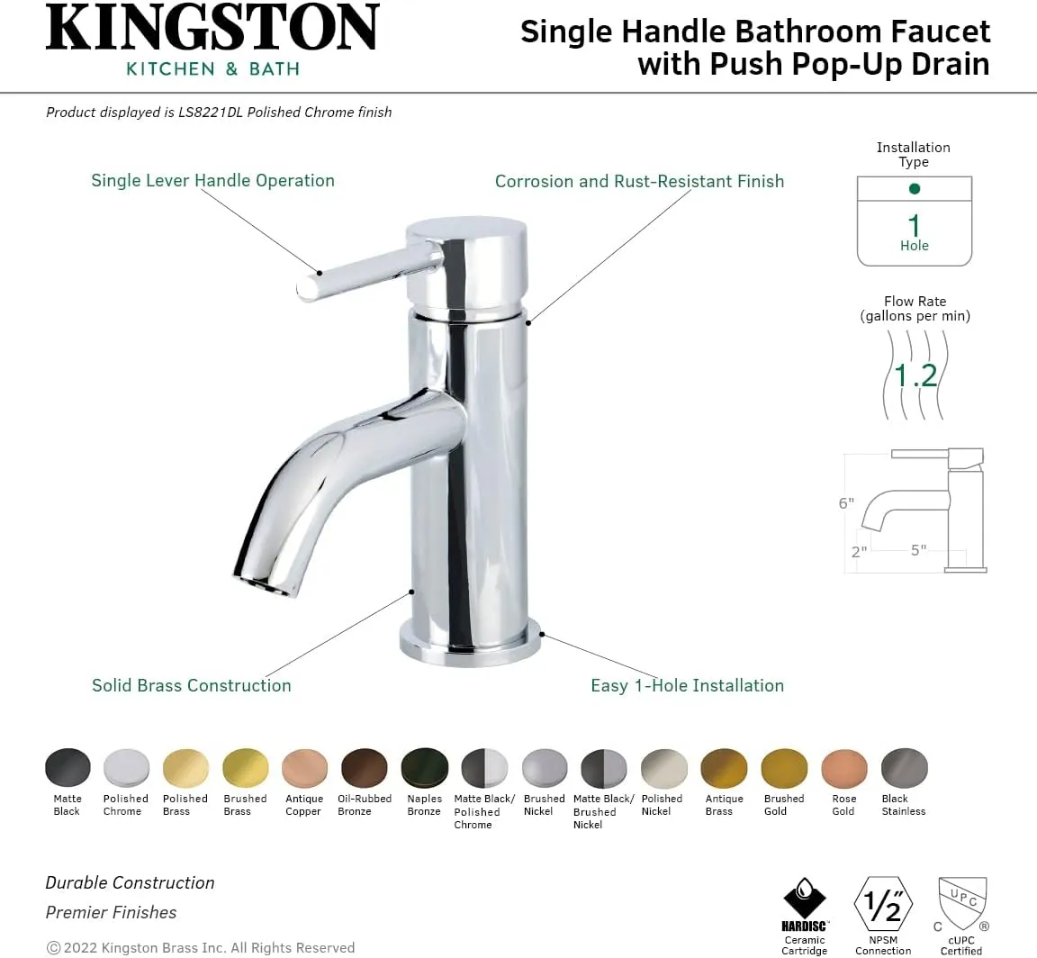Kingston Brass LS8229DL Concord Single-Handle Bathroom Faucet with Push Pop-Up, 2.13 x 4.88 x 6.13, Matte Black/Satin Nickel