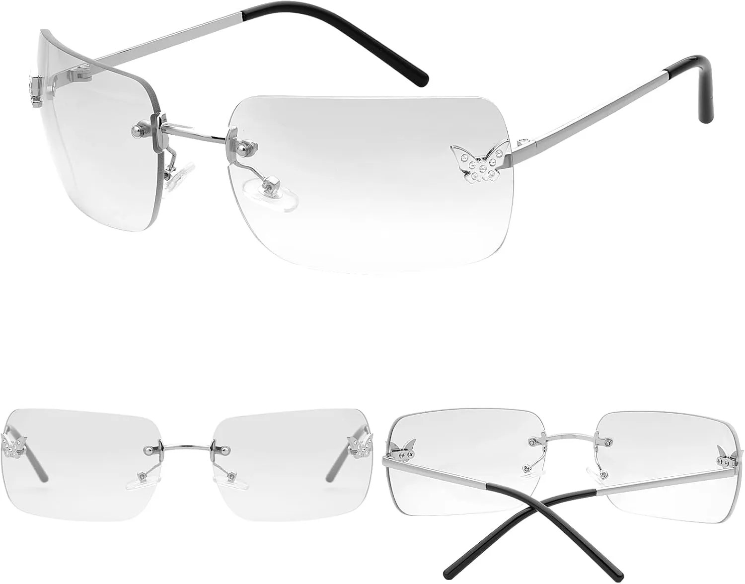 knliwkm Rimless Rectangle Y2k Sunglasses for Women Men Cute Small Clear Frameless Tinted Lens 2000S Fashion Shades Butterfly