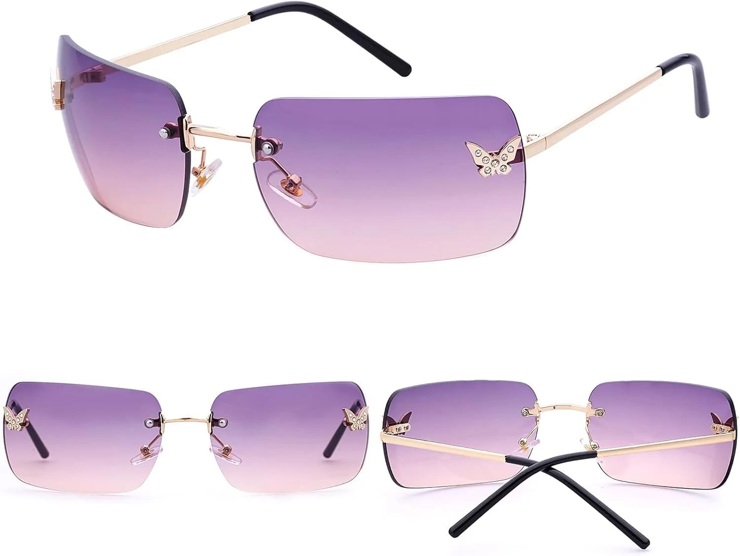 knliwkm Rimless Rectangle Y2k Sunglasses for Women Men Cute Small Clear Frameless Tinted Lens 2000S Fashion Shades Butterfly