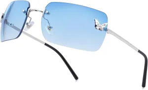 knliwkm Rimless Rectangle Y2k Sunglasses for Women Men Cute Small Clear Frameless Tinted Lens 2000S Fashion Shades Butterfly