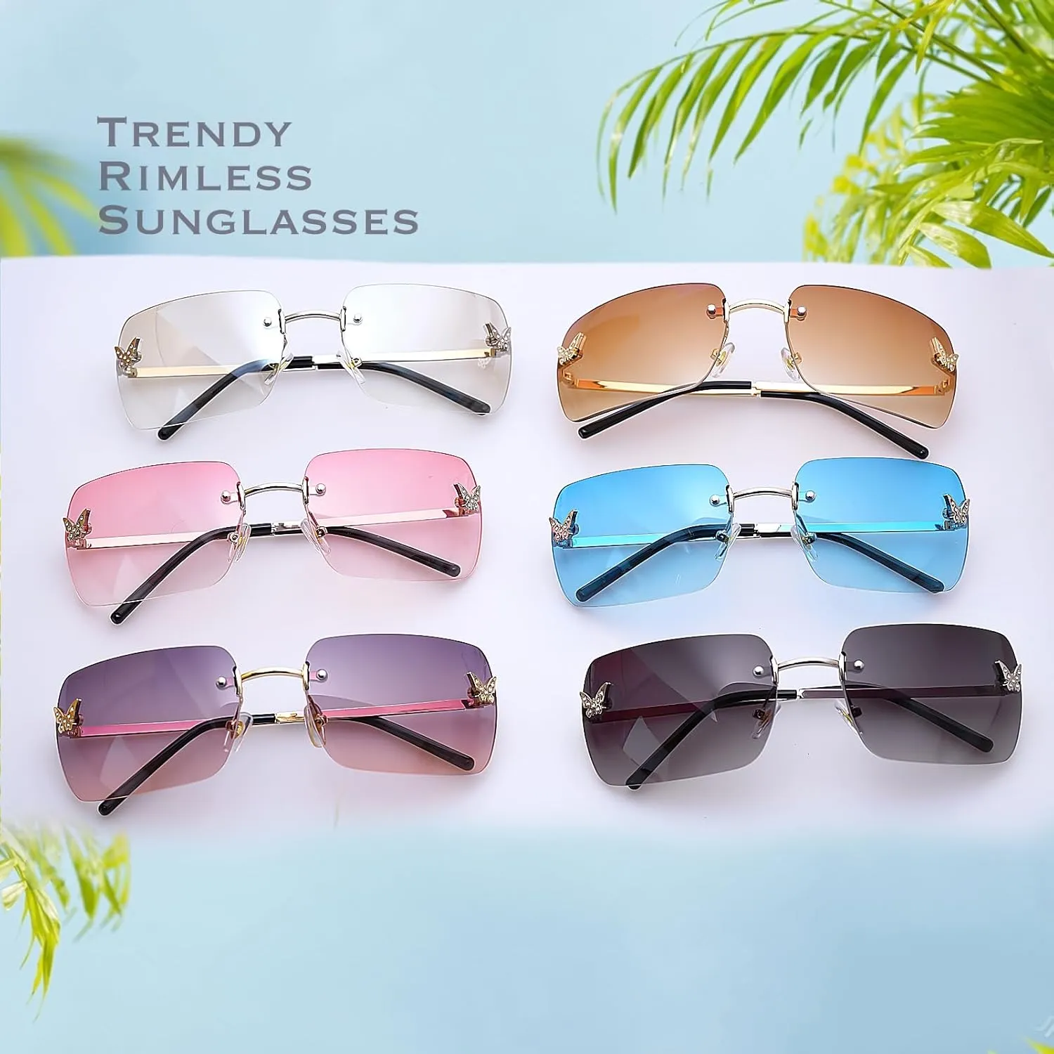 knliwkm Rimless Rectangle Y2k Sunglasses for Women Men Cute Small Clear Frameless Tinted Lens 2000S Fashion Shades Butterfly