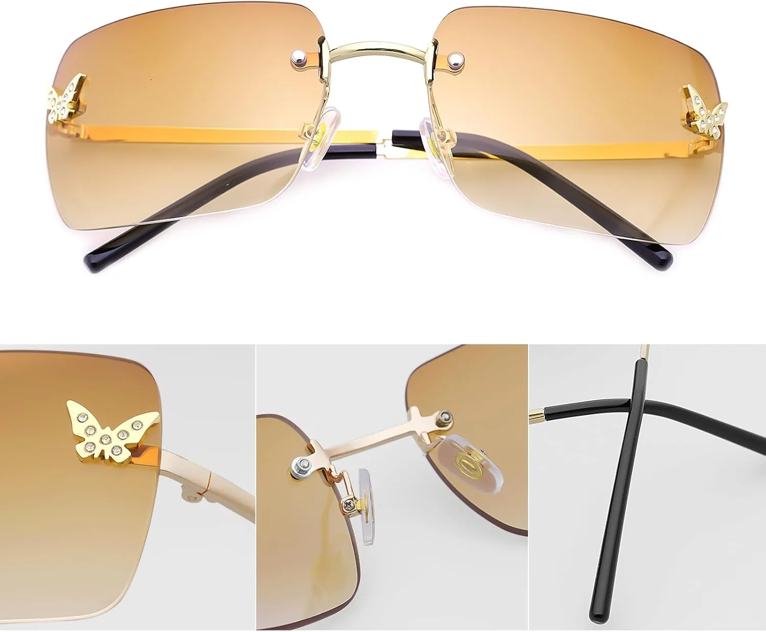 knliwkm Rimless Rectangle Y2k Sunglasses for Women Men Cute Small Clear Frameless Tinted Lens 2000S Fashion Shades Butterfly