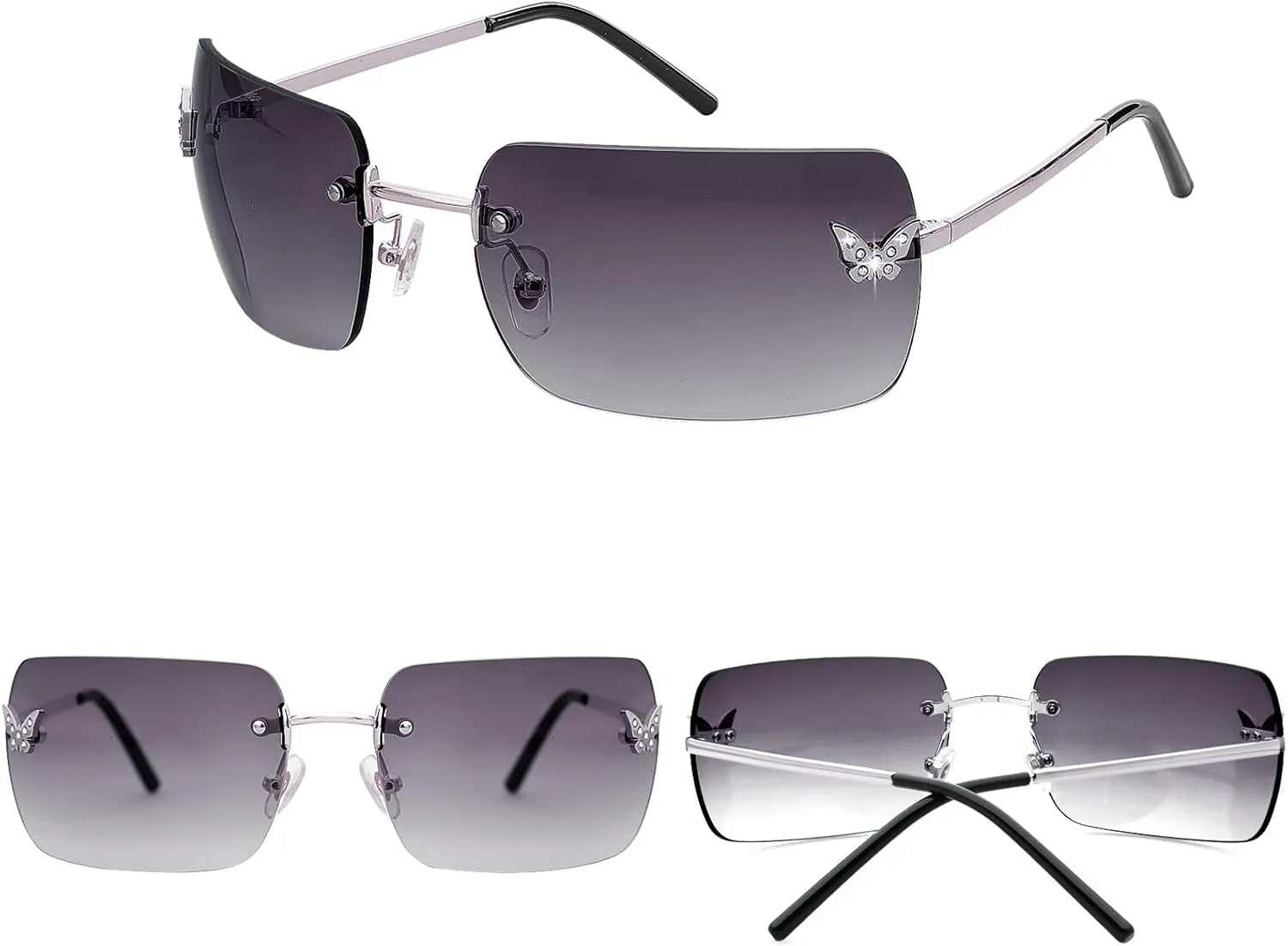 knliwkm Rimless Rectangle Y2k Sunglasses for Women Men Cute Small Clear Frameless Tinted Lens 2000S Fashion Shades Butterfly