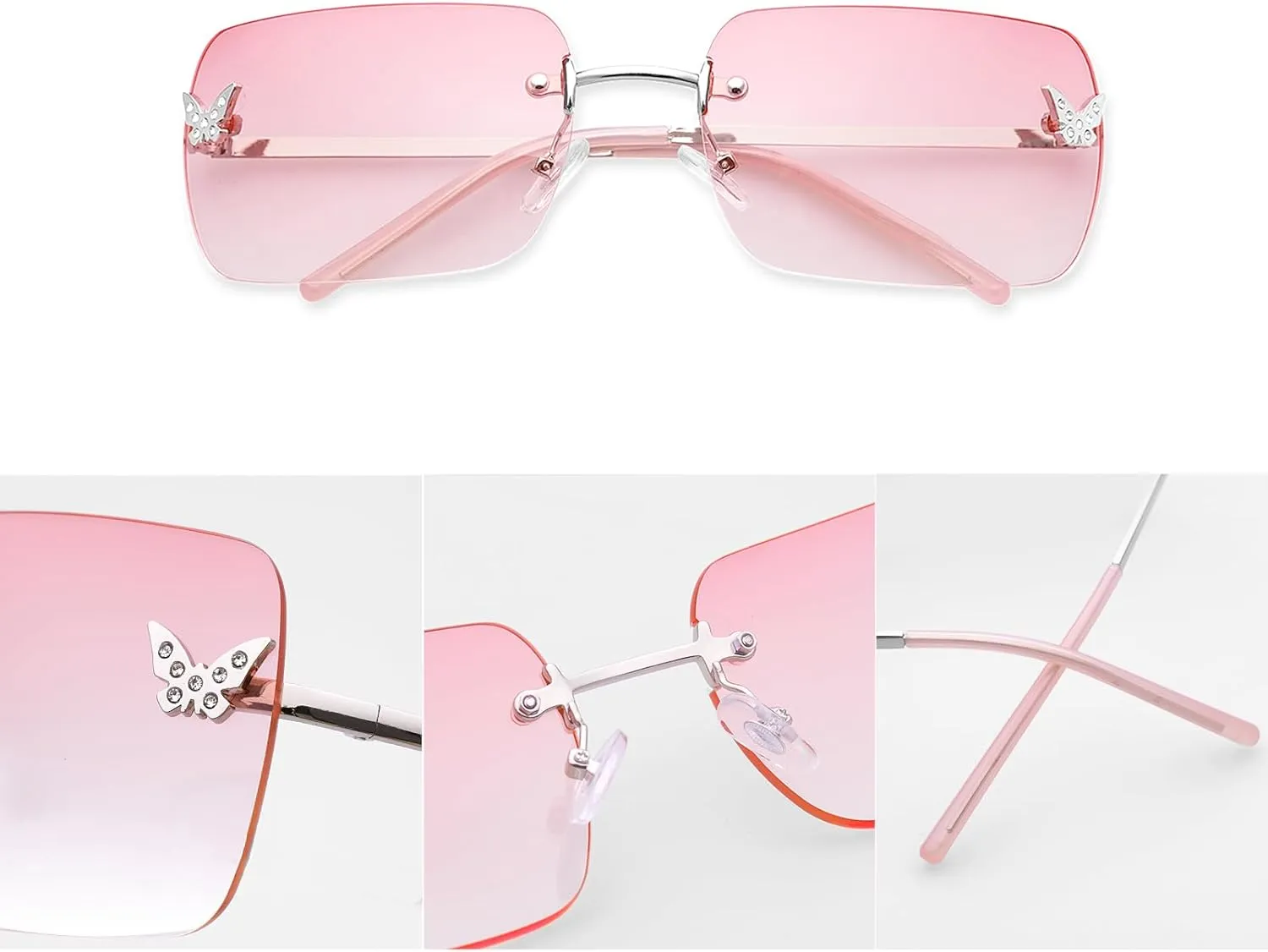 knliwkm Rimless Rectangle Y2k Sunglasses for Women Men Cute Small Clear Frameless Tinted Lens 2000S Fashion Shades Butterfly
