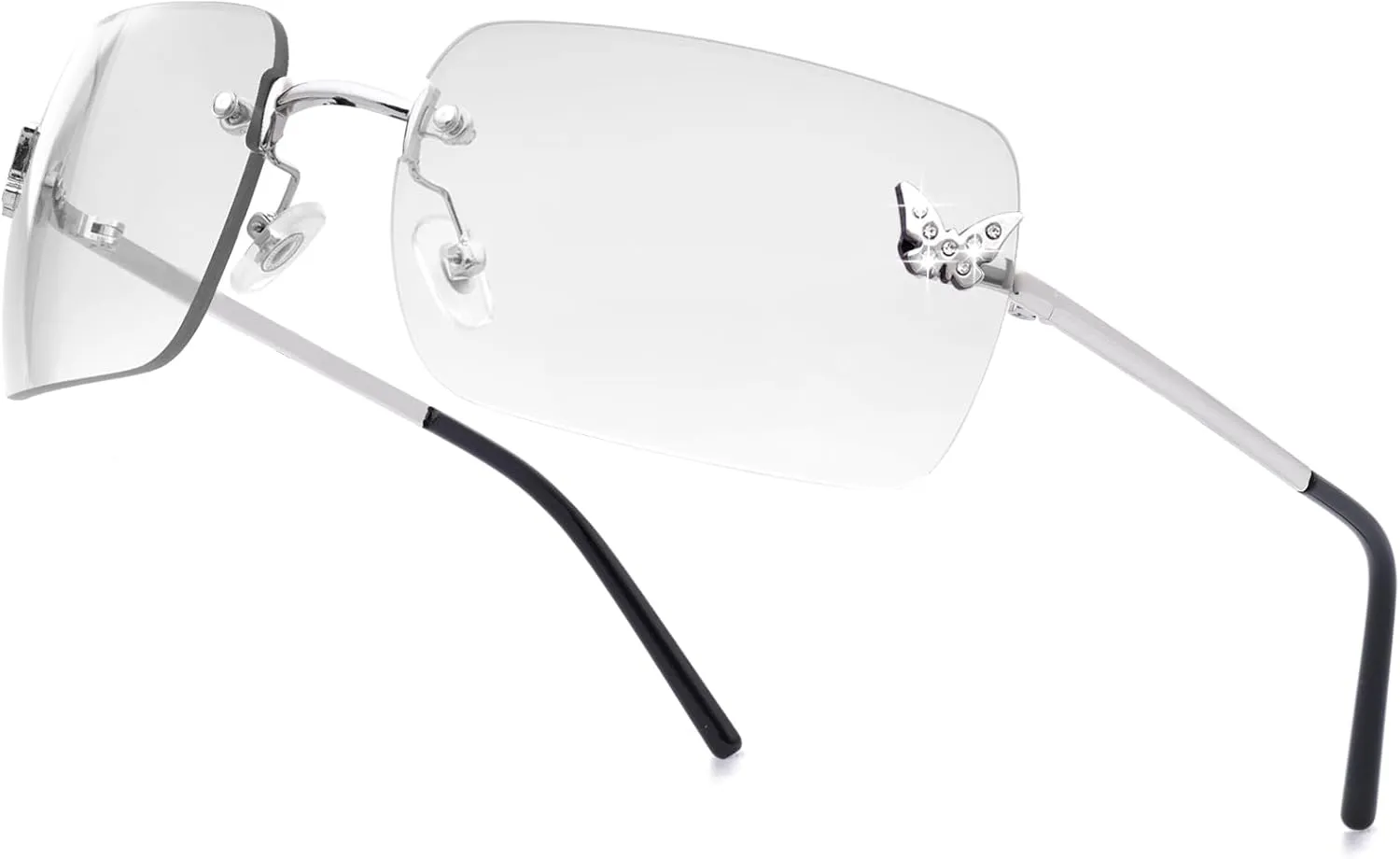 knliwkm Rimless Rectangle Y2k Sunglasses for Women Men Cute Small Clear Frameless Tinted Lens 2000S Fashion Shades Butterfly