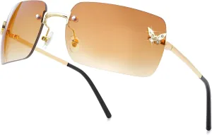 knliwkm Rimless Rectangle Y2k Sunglasses for Women Men Cute Small Clear Frameless Tinted Lens 2000S Fashion Shades Butterfly