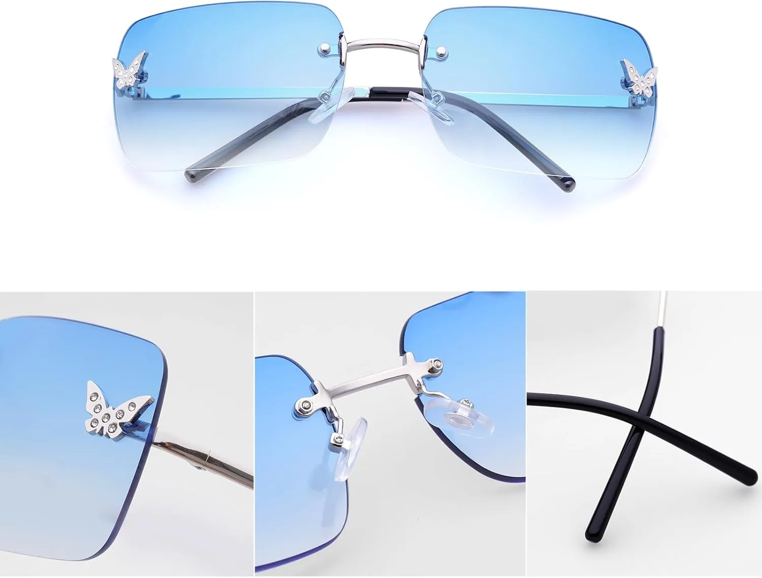 knliwkm Rimless Rectangle Y2k Sunglasses for Women Men Cute Small Clear Frameless Tinted Lens 2000S Fashion Shades Butterfly