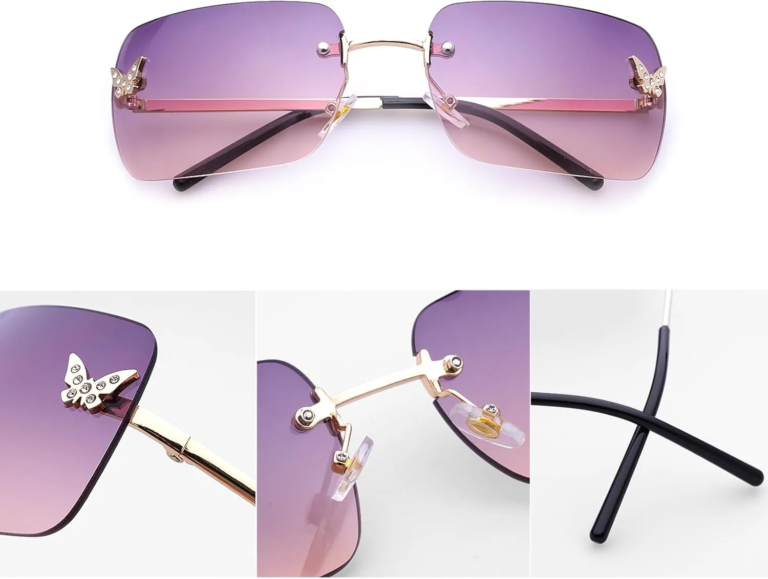 knliwkm Rimless Rectangle Y2k Sunglasses for Women Men Cute Small Clear Frameless Tinted Lens 2000S Fashion Shades Butterfly