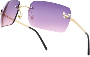 knliwkm Rimless Rectangle Y2k Sunglasses for Women Men Cute Small Clear Frameless Tinted Lens 2000S Fashion Shades Butterfly