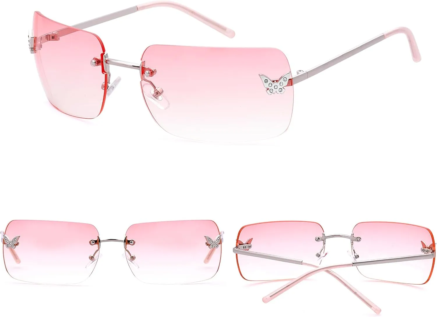 knliwkm Rimless Rectangle Y2k Sunglasses for Women Men Cute Small Clear Frameless Tinted Lens 2000S Fashion Shades Butterfly