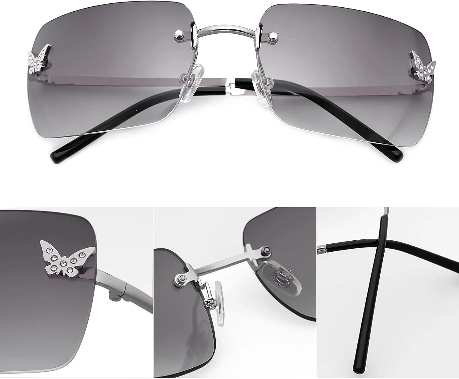 knliwkm Rimless Rectangle Y2k Sunglasses for Women Men Cute Small Clear Frameless Tinted Lens 2000S Fashion Shades Butterfly