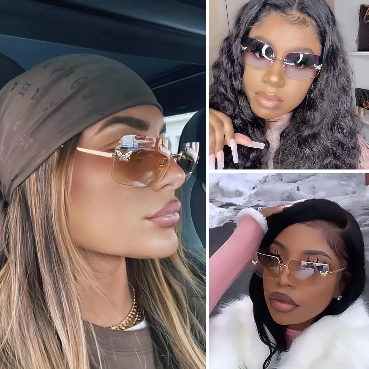 knliwkm Rimless Rectangle Y2k Sunglasses for Women Men Cute Small Clear Frameless Tinted Lens 2000S Fashion Shades Butterfly