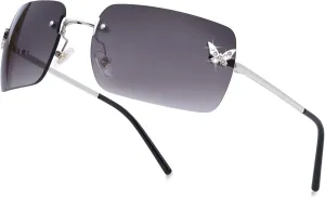 knliwkm Rimless Rectangle Y2k Sunglasses for Women Men Cute Small Clear Frameless Tinted Lens 2000S Fashion Shades Butterfly