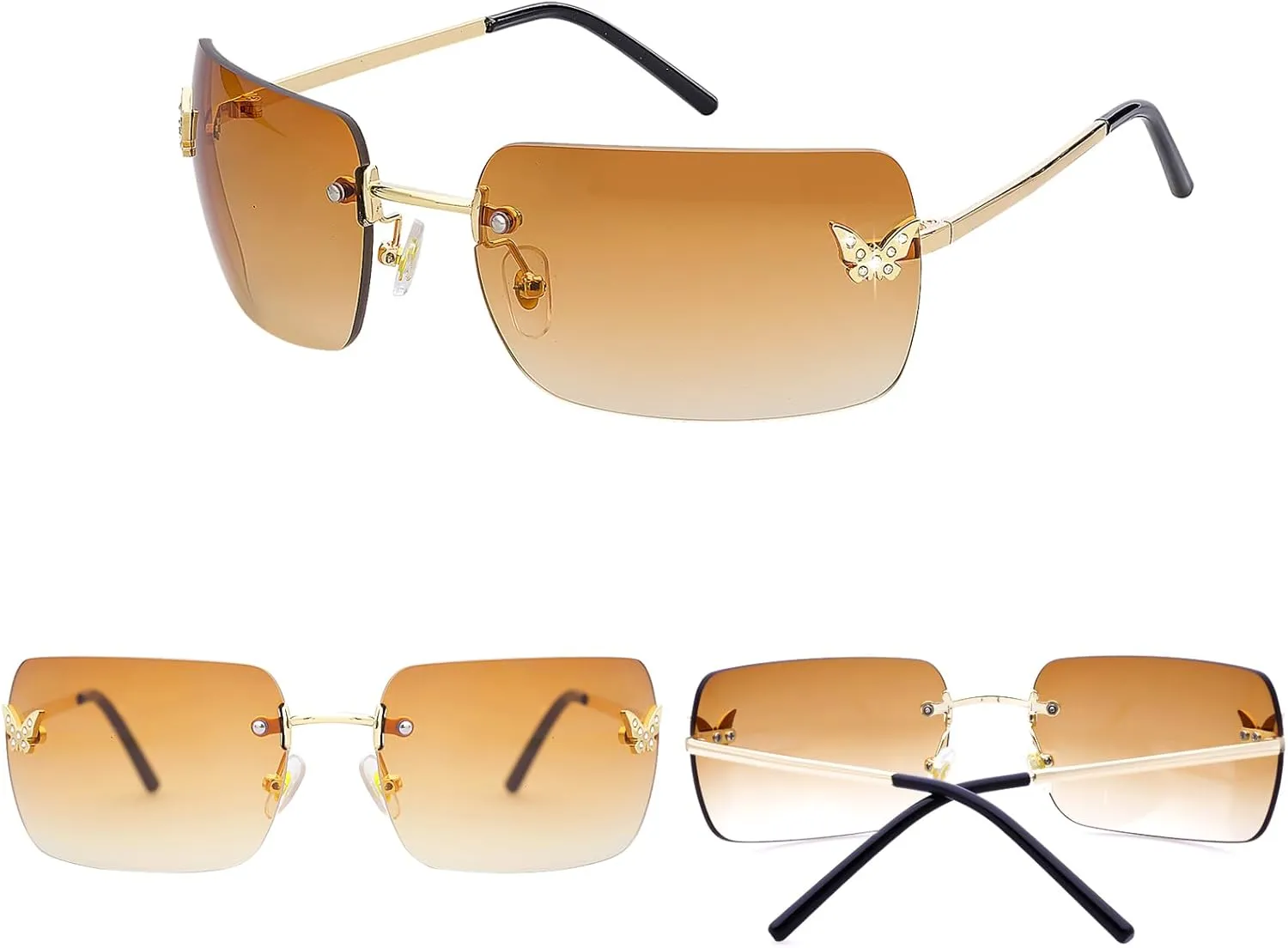 knliwkm Rimless Rectangle Y2k Sunglasses for Women Men Cute Small Clear Frameless Tinted Lens 2000S Fashion Shades Butterfly