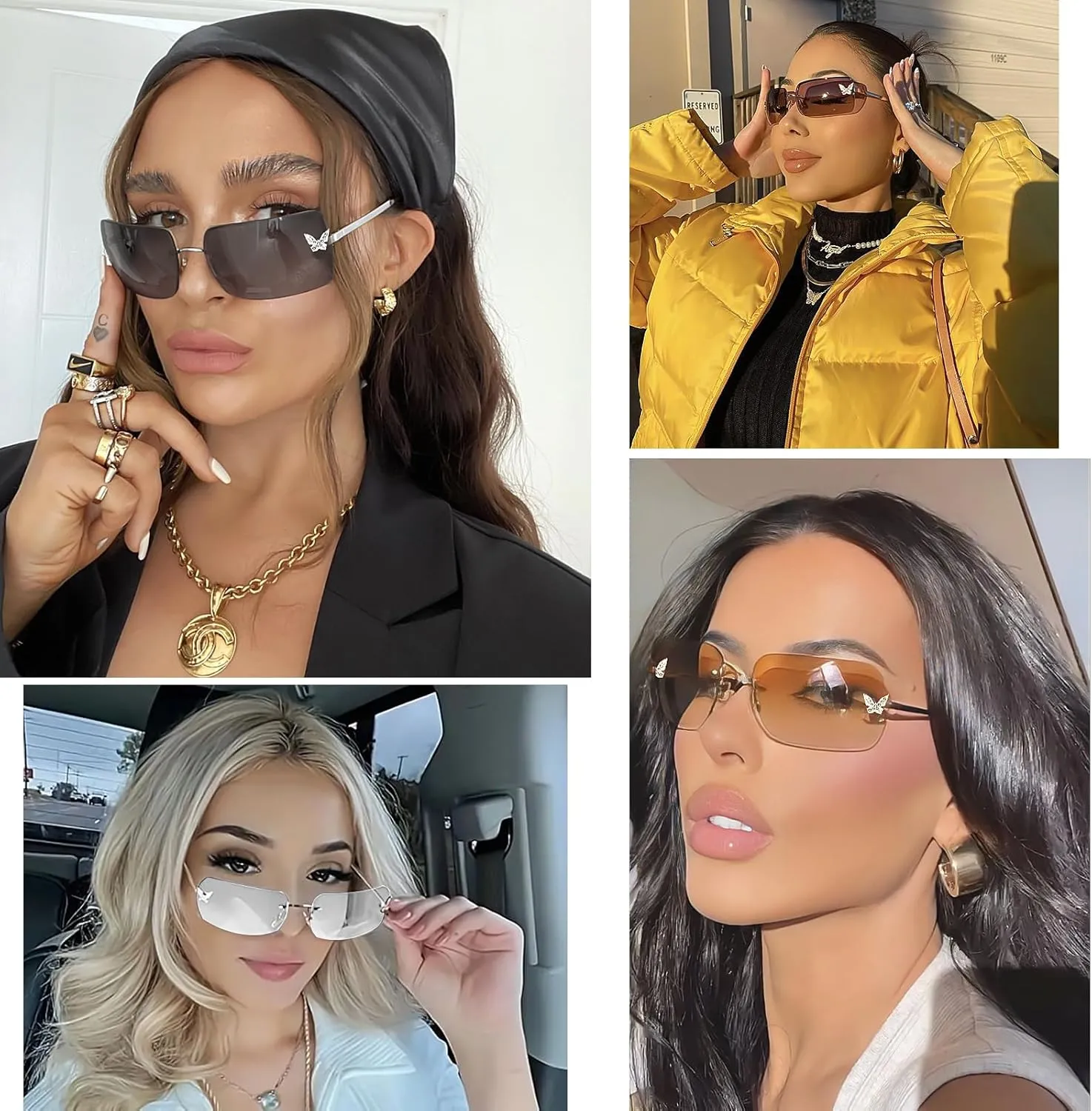 knliwkm Rimless Rectangle Y2k Sunglasses for Women Men Cute Small Clear Frameless Tinted Lens 2000S Fashion Shades Butterfly