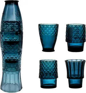 Koi Fish Design Drinking Glasses, Stackable Drinking Glasses, Colored Beverage Glass, Nautical Glassware for Beverage, Fish Shaped Glasses Drinking for Home Decor, Set of 4, Lake Blue