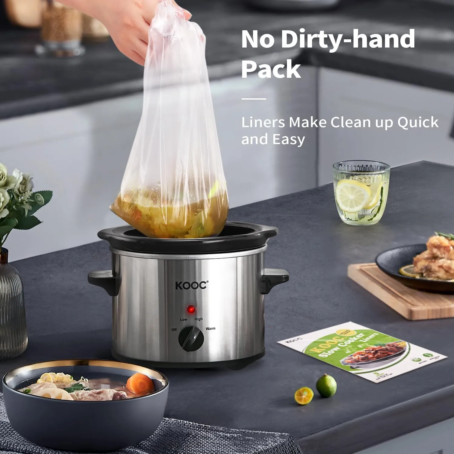 KOOC Small Slow Cooker, 2 Quart, Free Liners Included for Easy Clean-up, Upgraded Ceramic Crock, Adjustable Temp, Nutrient Loss Reduction, Stainless Steel, Silver, Round