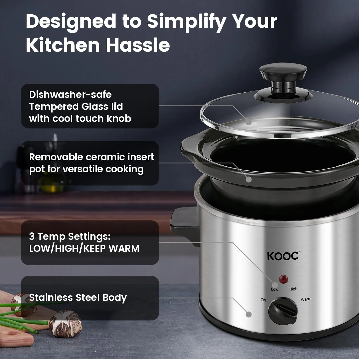 KOOC Small Slow Cooker, 2 Quart, Free Liners Included for Easy Clean-up, Upgraded Ceramic Crock, Adjustable Temp, Nutrient Loss Reduction, Stainless Steel, Silver, Round
