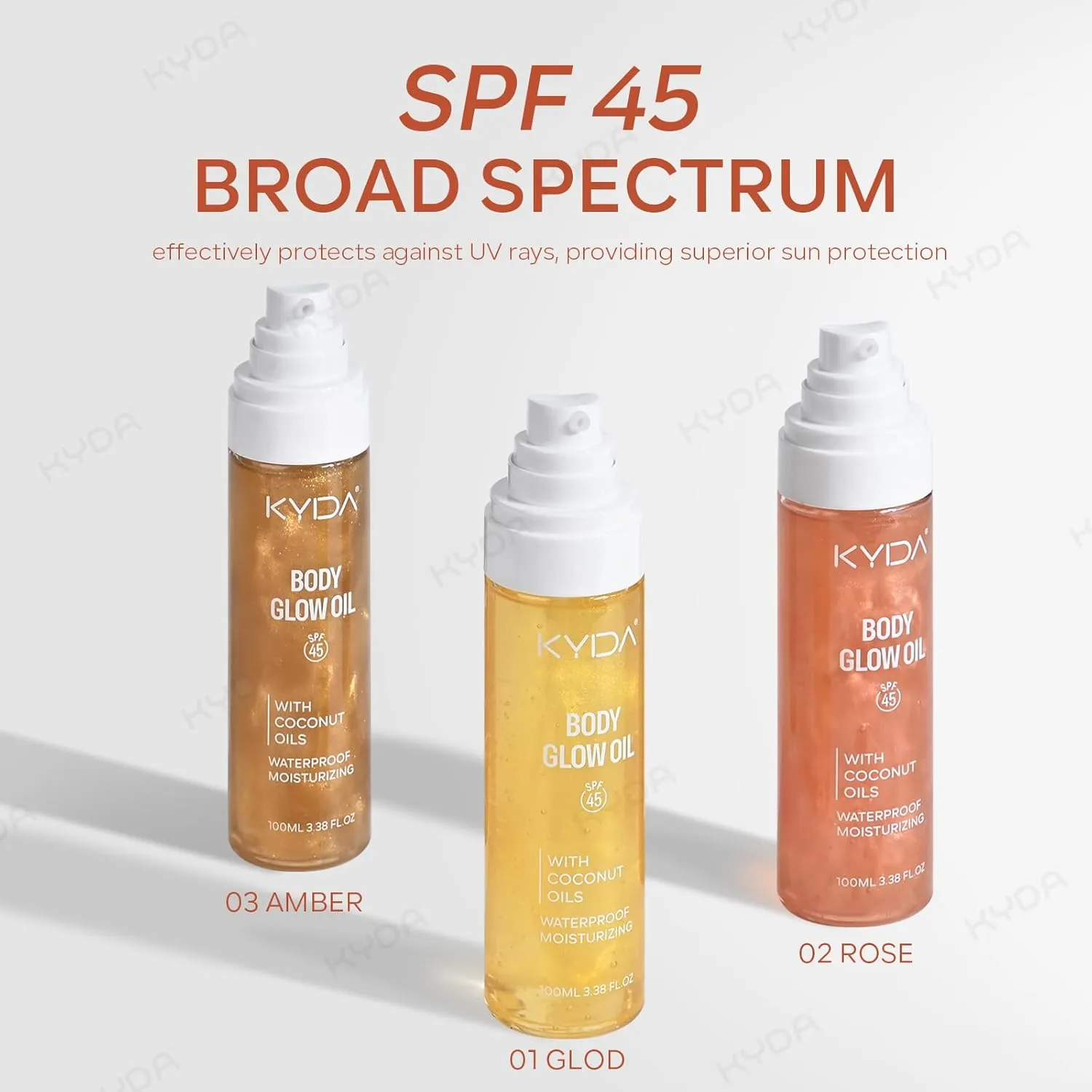 KYDA Body Glow Oil, Broad Spectrum SPF 45, Sunscreen Body Oil with Gold Mica, Sun-kissed Glow Skin Illuminator, Lightweight Non-Sticky Moisturizer with Coconuts, Water Resistant, 3.38 fl oz, AMBER