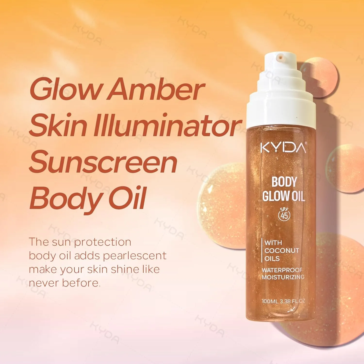 KYDA Body Glow Oil, Broad Spectrum SPF 45, Sunscreen Body Oil with Gold Mica, Sun-kissed Glow Skin Illuminator, Lightweight Non-Sticky Moisturizer with Coconuts, Water Resistant, 3.38 fl oz, AMBER