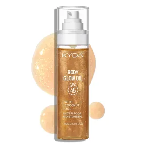 KYDA Body Glow Oil, Broad Spectrum SPF 45, Sunscreen Body Oil with Gold Mica, Sun-kissed Glow Skin Illuminator, Lightweight Non-Sticky Moisturizer with Coconuts, Water Resistant, 3.38 fl oz, AMBER