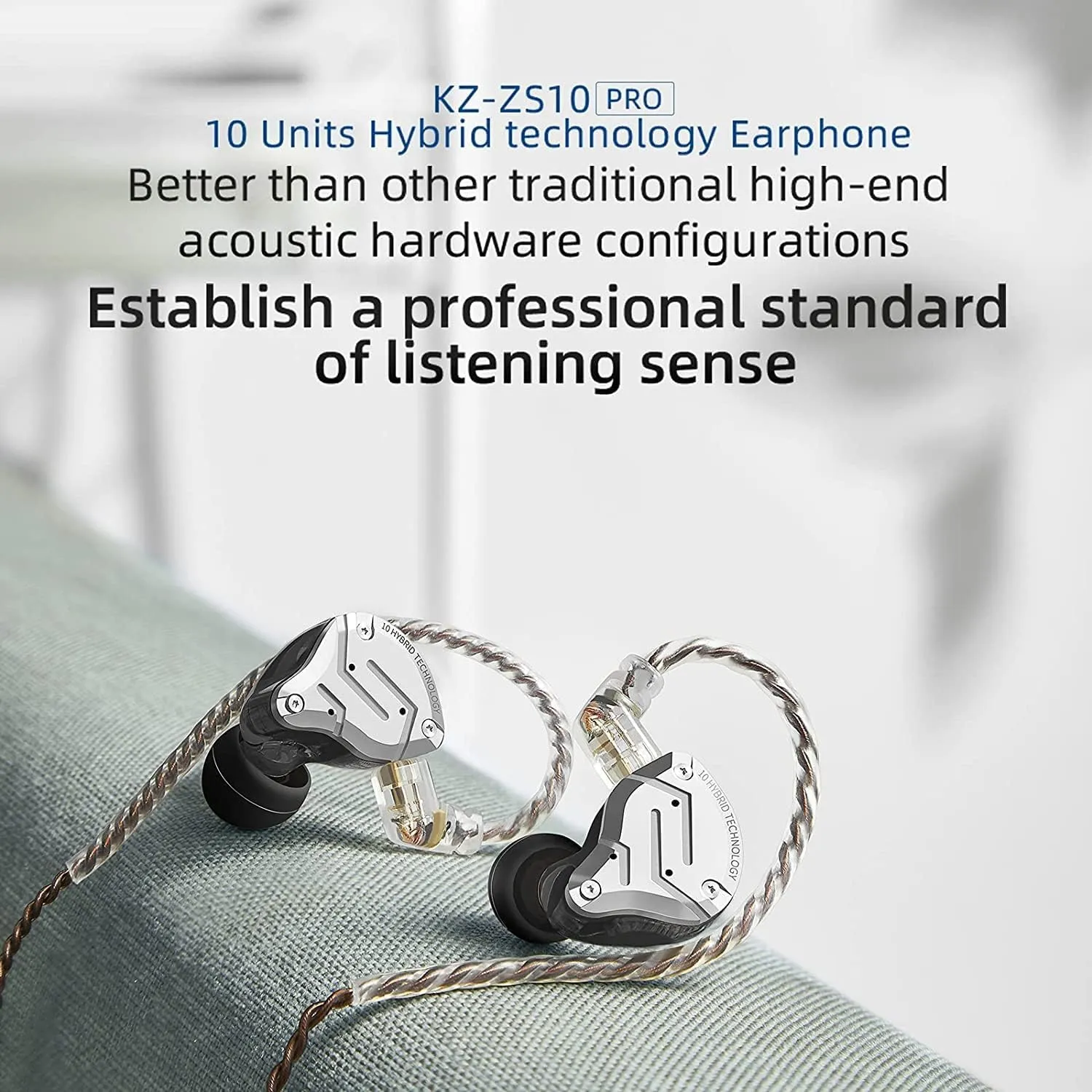 KZ ZS10 Pro Noise Cancelling Monitor Headphones, 4BA 1DD in-Ear HiFi Metal Earphones with Stainless Steel Faceplate, HiFi Gaming Earbuds IEM Earphones, 2 Pin Detachable Cable (Blue,Without Mic)