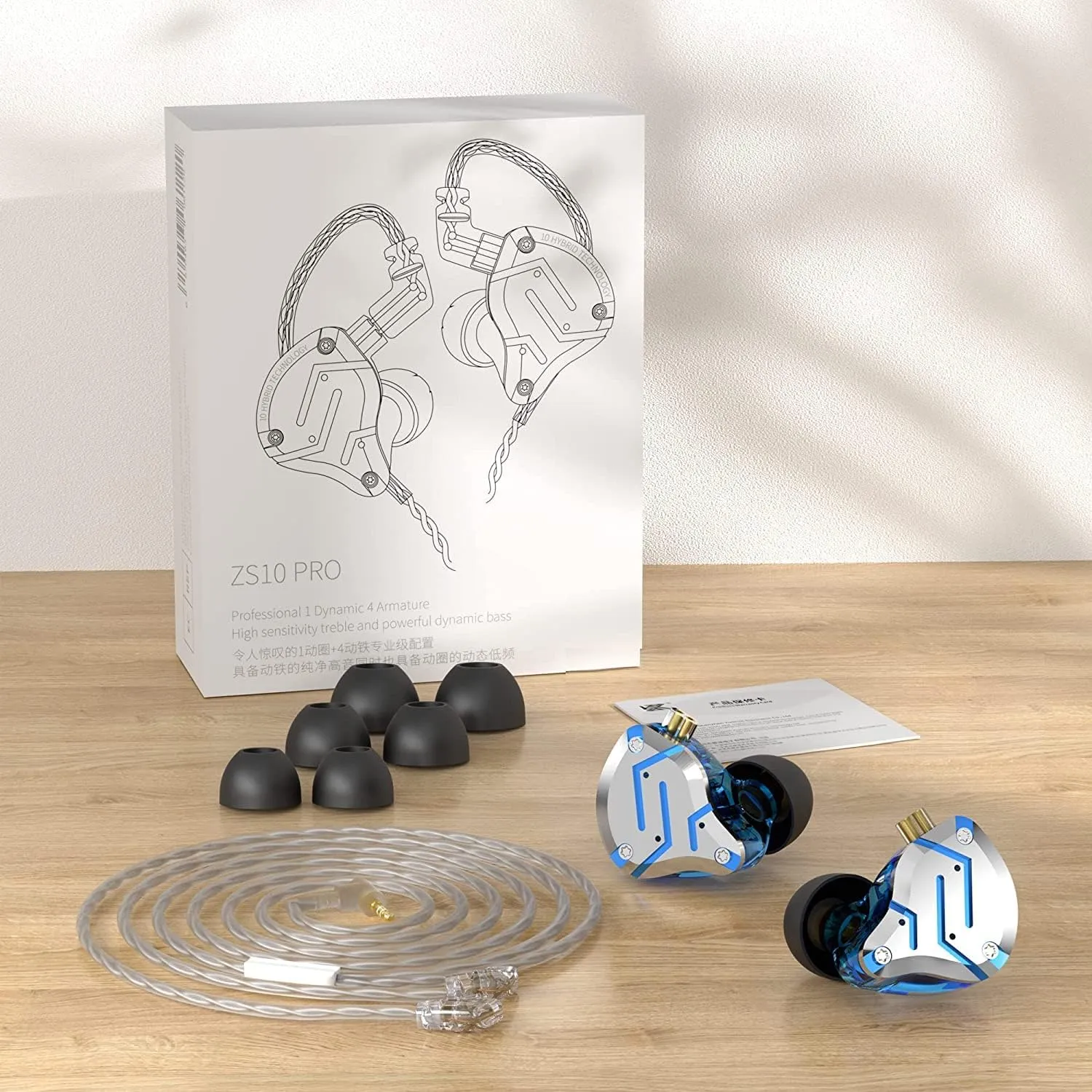 KZ ZS10 Pro Noise Cancelling Monitor Headphones, in Ear Monitors for Musician Singer, 4BA 1DD in-Ear HiFi Earphones with Stainless Steel Faceplate, 2Pin Detachable IEM Cable (Meteor Blue, without Mic)