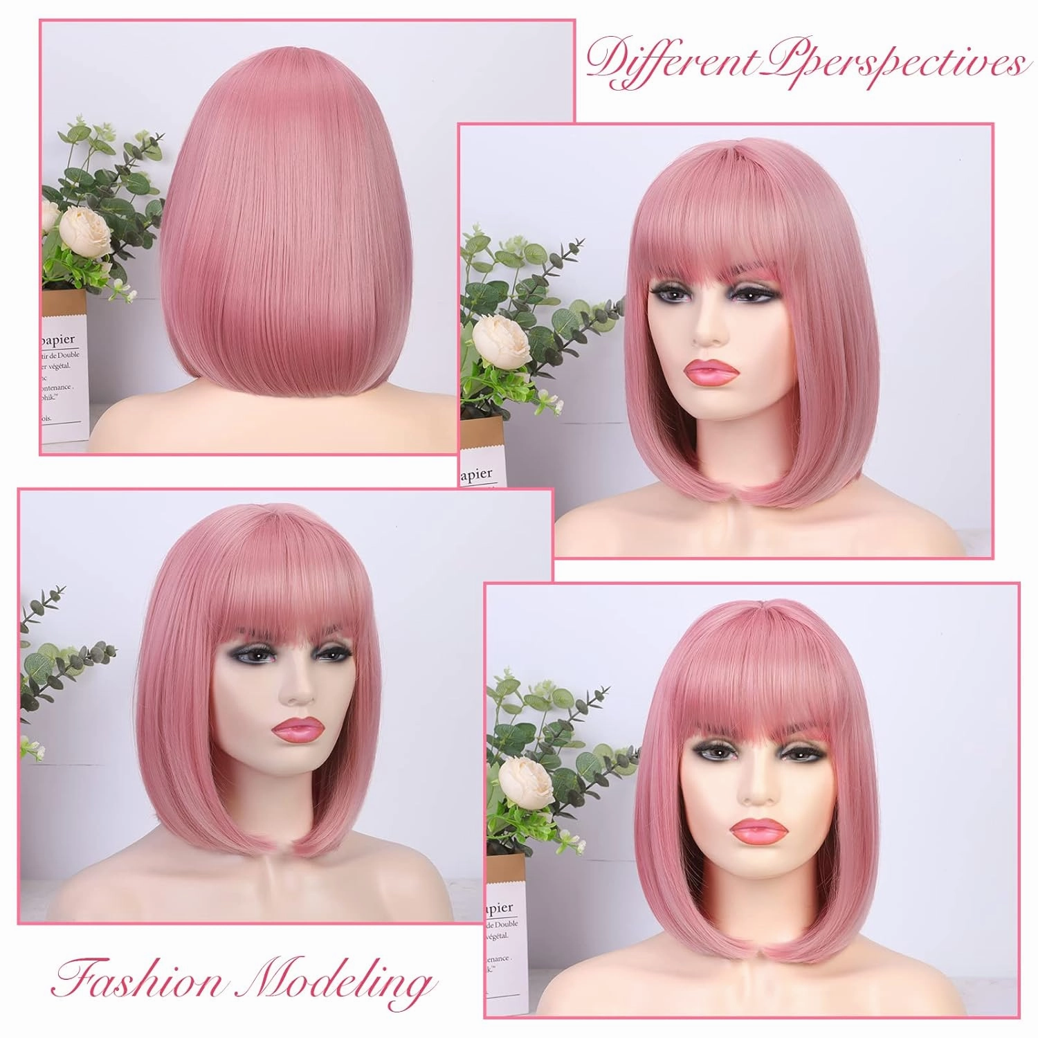 Lady Miranda Pink Wig with Bangs Short Straight Hair Bob Wig 12Inch Pink Bob Wigs for Women Synthetic Colorful Cosplay Daily Party Bob Wig