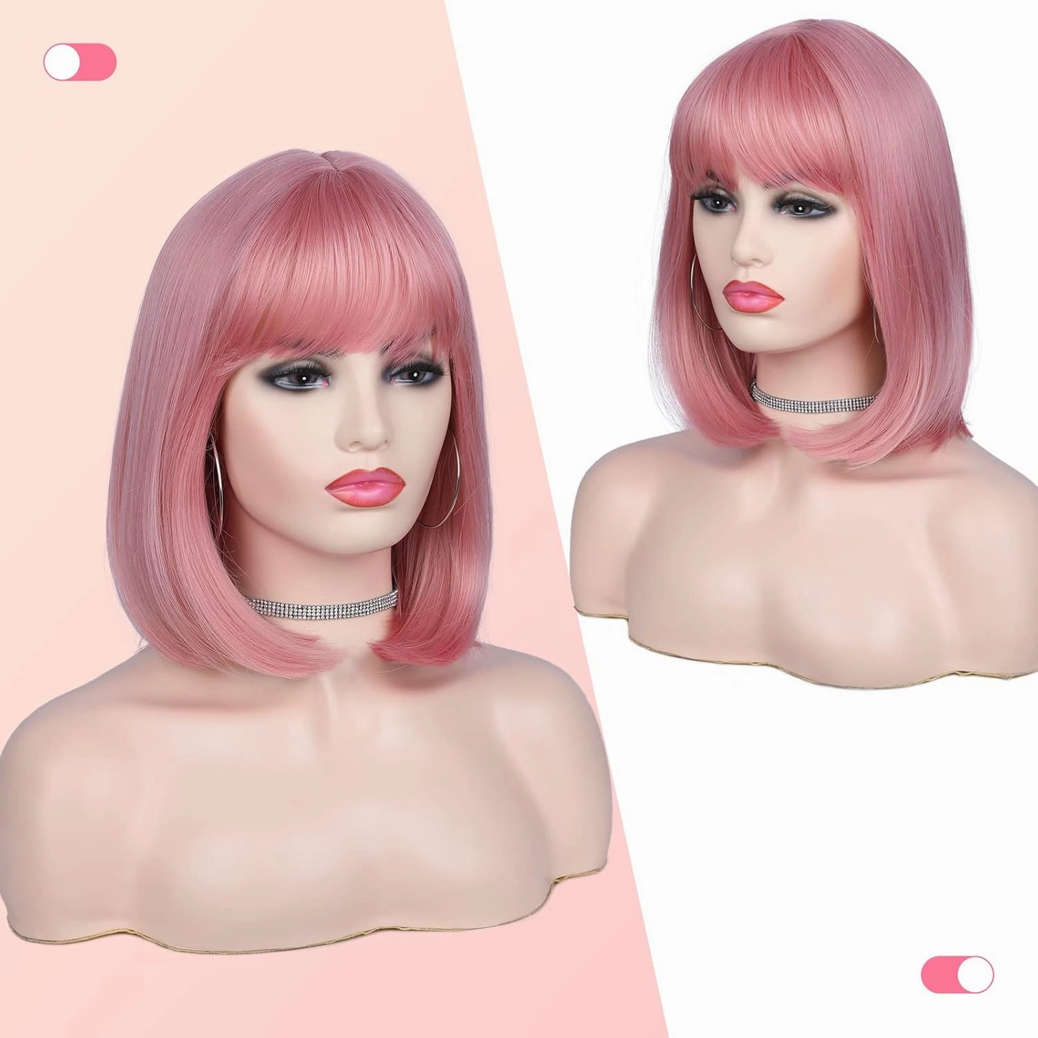 Lady Miranda Pink Wig with Bangs Short Straight Hair Bob Wig 12Inch Pink Bob Wigs for Women Synthetic Colorful Cosplay Daily Party Bob Wig