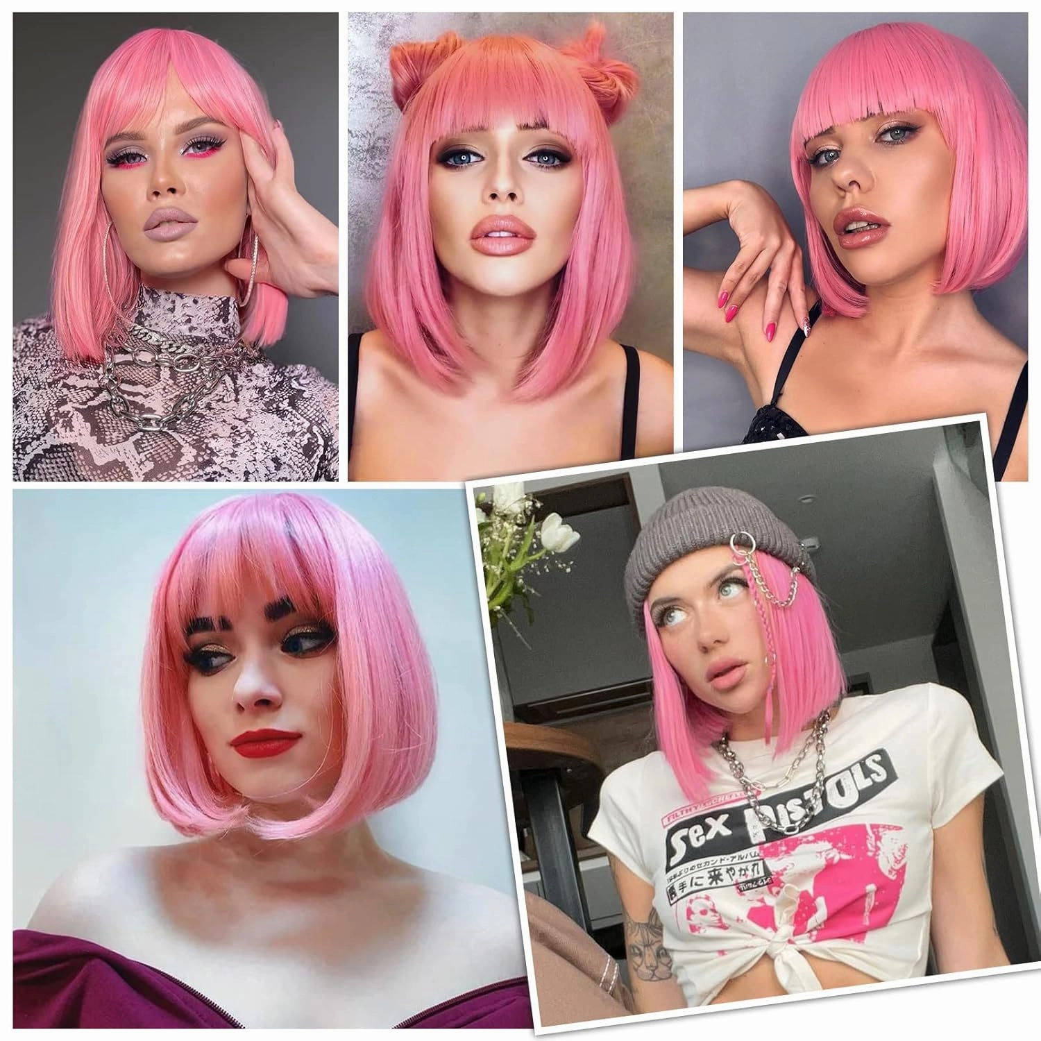 Lady Miranda Pink Wig with Bangs Short Straight Hair Bob Wig 12Inch Pink Bob Wigs for Women Synthetic Colorful Cosplay Daily Party Bob Wig