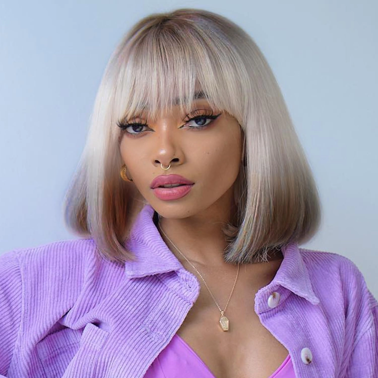 Lady Miranda Straight Hair Bob Wig Ombre Color Middle Part with Bangs Synthetic Full Wigs for Women Cosplay Wigs (Brown Blonde Ombre)